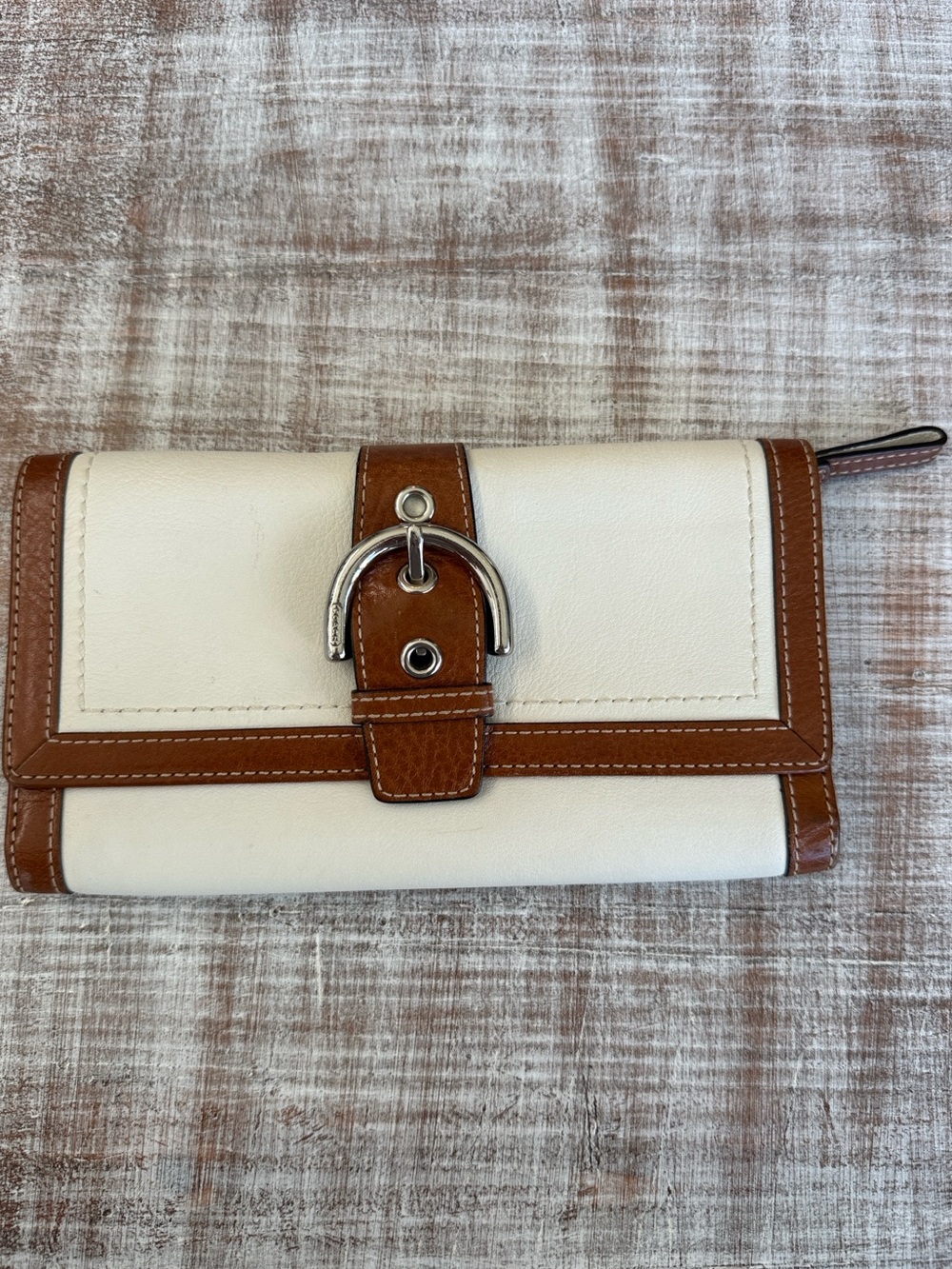 Coach Cream & Brown Leather Trifold Wallet with Signature Monogram ID Window